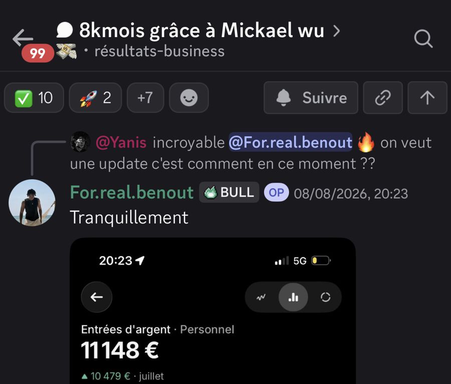 Message Discord d'un élève : 8k par mois grâce à Mickaël Wu, 11 148 euros encaissés sur le mois